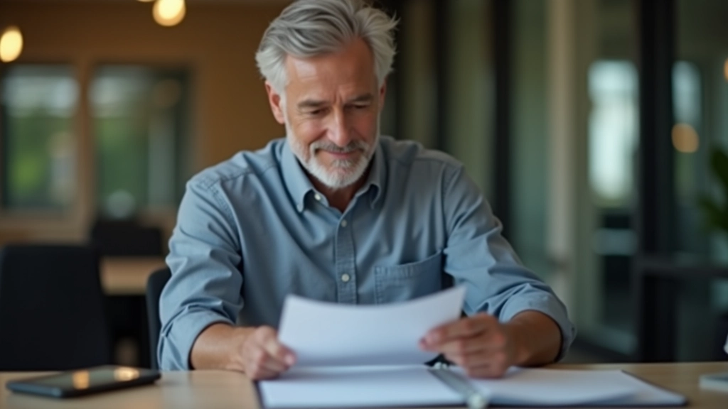 Man aged 50 in casual office wear reviewing retirement documents at desk with calculator and coffee cup