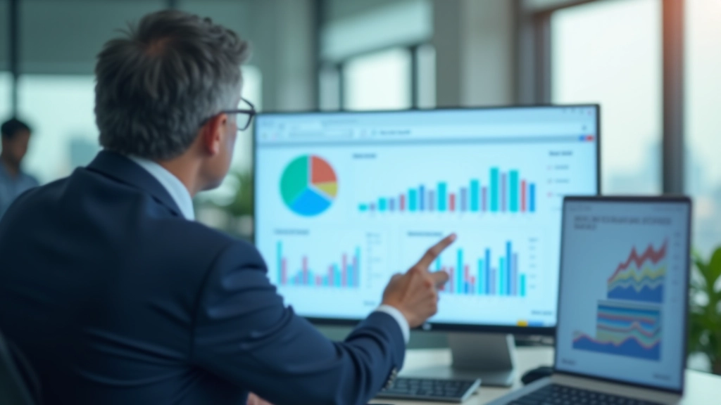 Investor studying investment portfolio charts and growth graphs on computer monitor