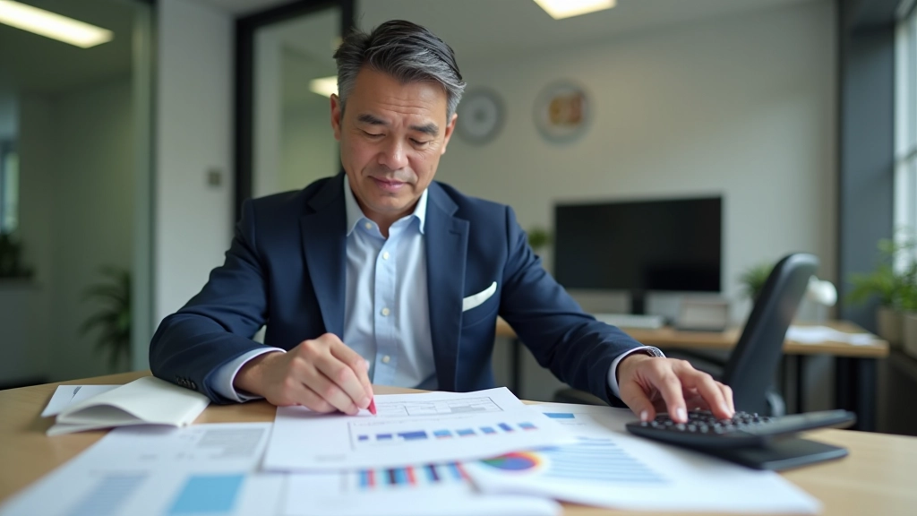 Person reviewing financial planning documents with charts showing retirement savings growth projections over time
