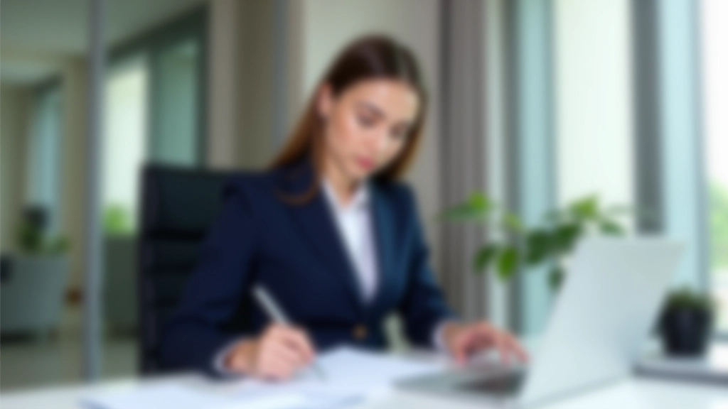 Professional woman in blazer reviewing financial documents at modern desk with laptop and calculator