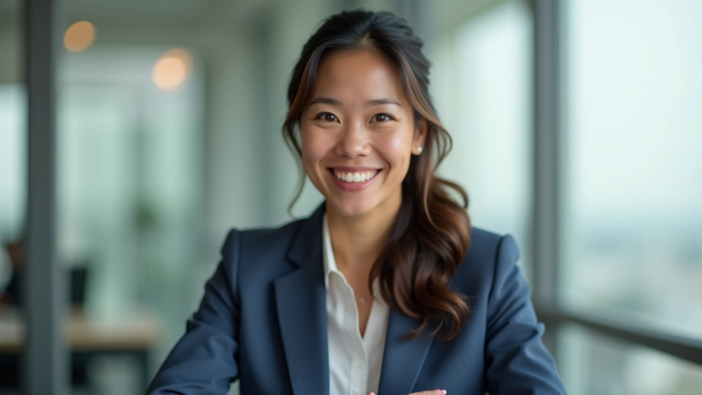 Woman aged 38 in business casual clothing smiling while looking at laptop screen with financial information